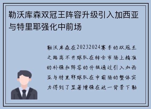 勒沃库森双冠王阵容升级引入加西亚与特里耶强化中前场